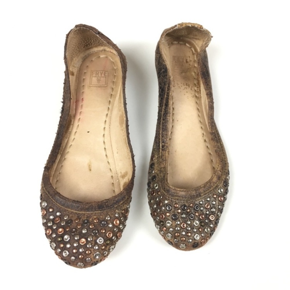 Frye Carson Brown Studded Distressed Leather Ballet Flat Women’s Sz 6.5